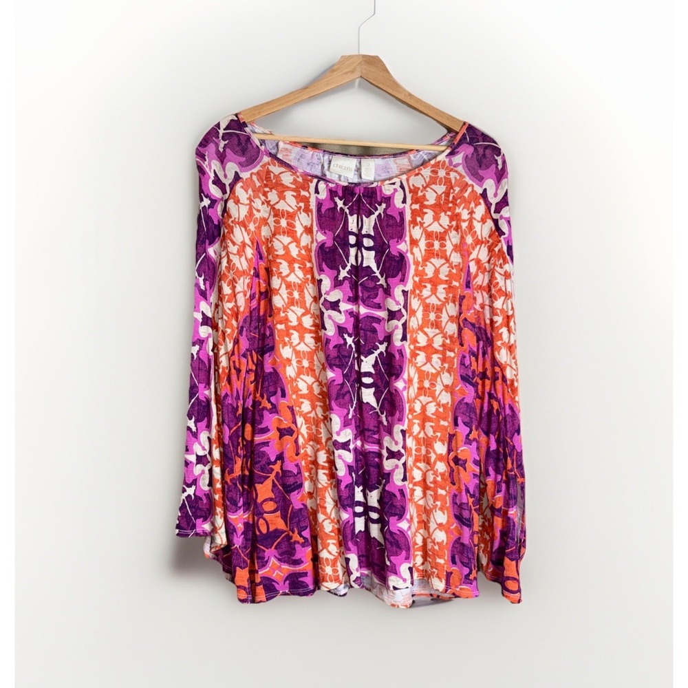 Chico's Mystic Batik Print Flare-Sleeve Top Size Large Purple Orange White